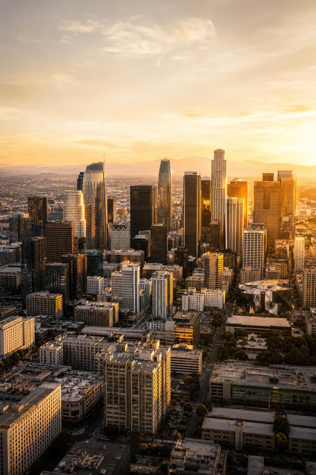 Downtown Los Angeles skyline at golden hour with warm architectural light